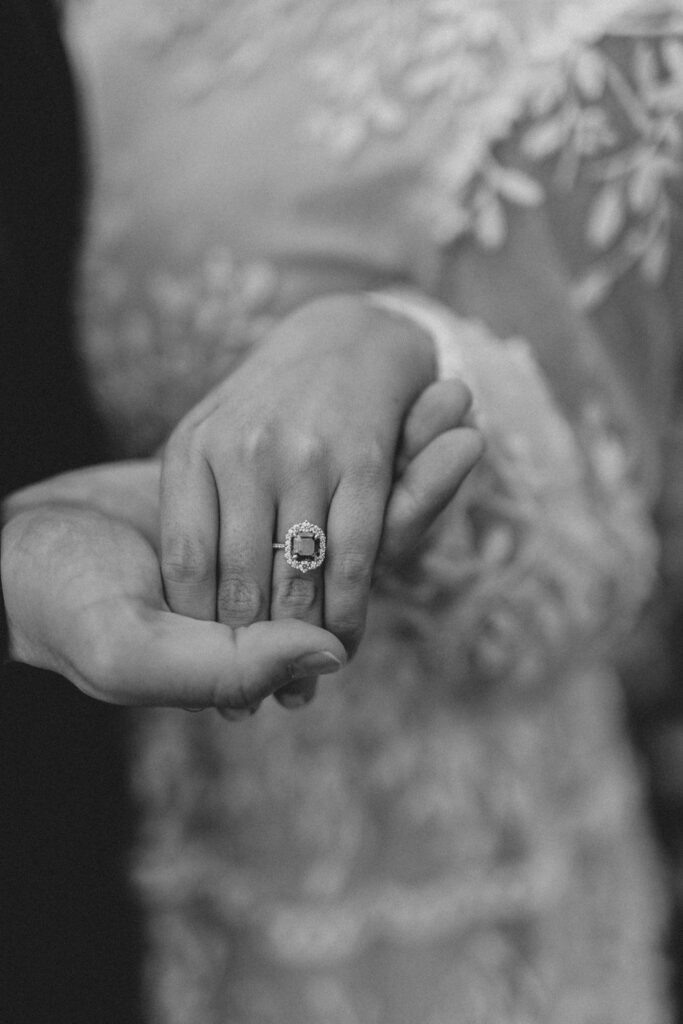 Detail shot of vintage inspired moissanite engagement ring