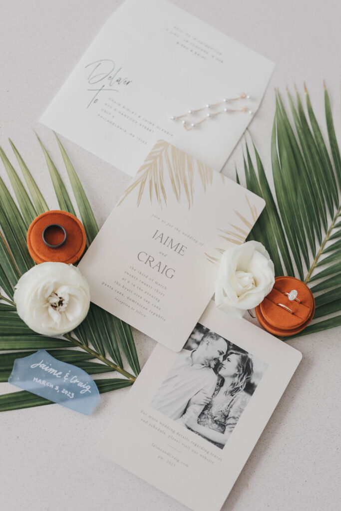 Wedding invitation suite, florals and palm leaves with orange velvet ring box