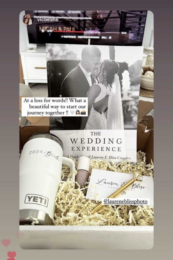 Wedding Photographer bridal client welcome gift with Yeti cup, nail polish, and welcome letter