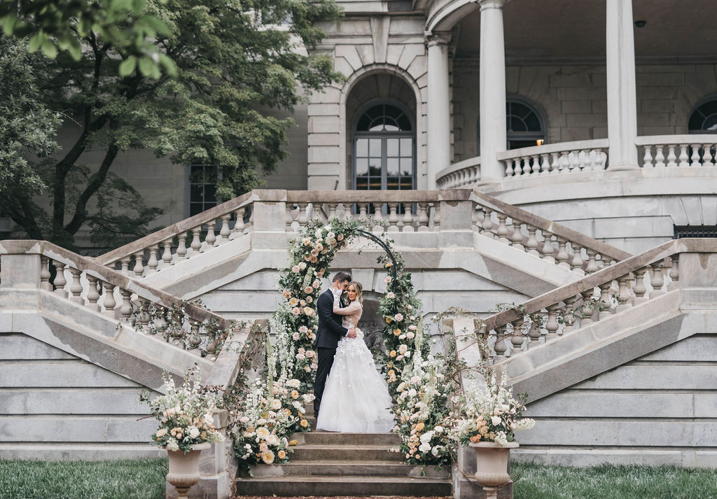 Elkins Estate Wedding ceremony with floral arch backdrop | By luxury PA Wedding Photographer Lauren E. Bliss Photography