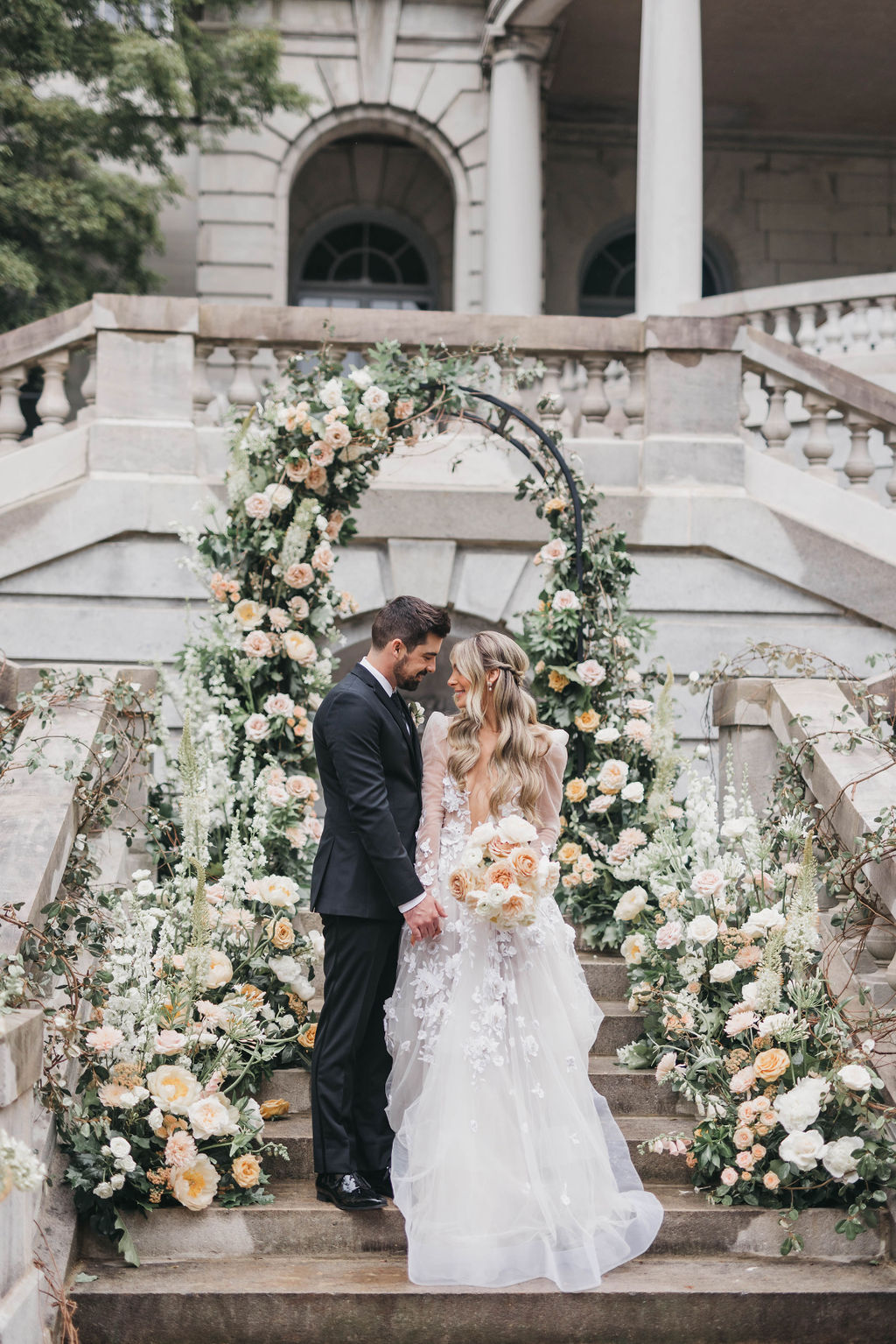 Elkins Estate outdoor wedding ceremony with floral arch backdrop | By luxury PA Wedding Photographer Lauren E. Bliss Photography