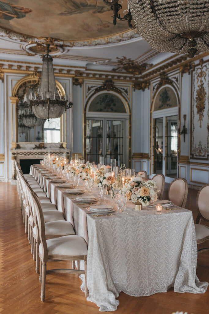 Elkins Estate Wedding reception banquet tables in the Music Room | Photos by luxury PA Wedding Photographer Lauren E. Bliss Photography