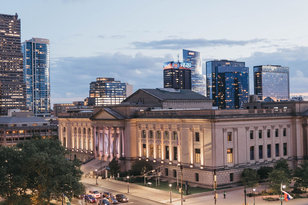 Rooftop view of the Free Library of Philadelphia at dusk