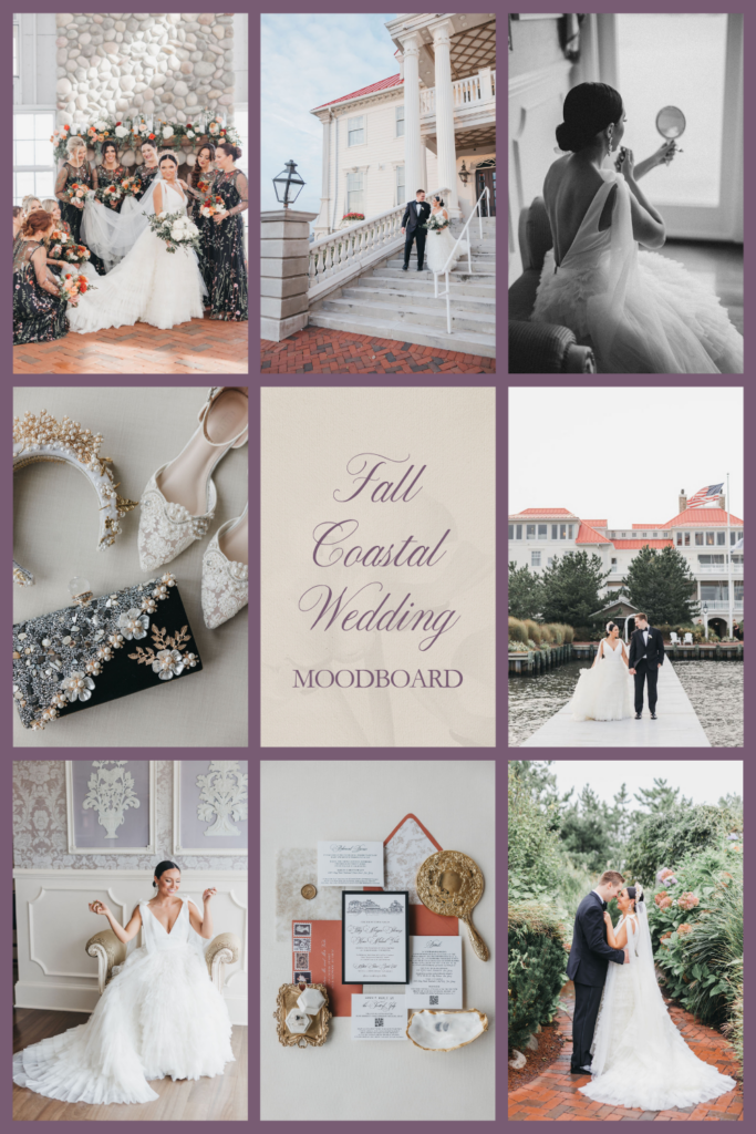 Collage of detail images from a black and white and terracotta colored fall wedding at the Mallard Island Yacht Club | Fall Coastal Wedding moodboard