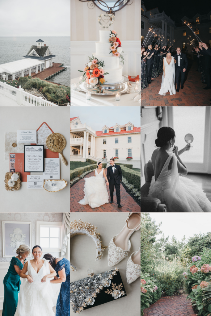 Collage of detail images from a black and white and terracotta colored fall wedding at the Mallard Island Yacht Club