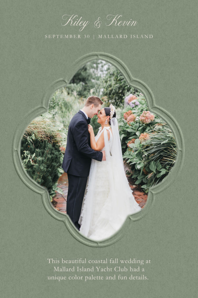 Ornately framed image of a couple kissing on a vibrant garden path outside Mallard Island Yacht Club wedding venue