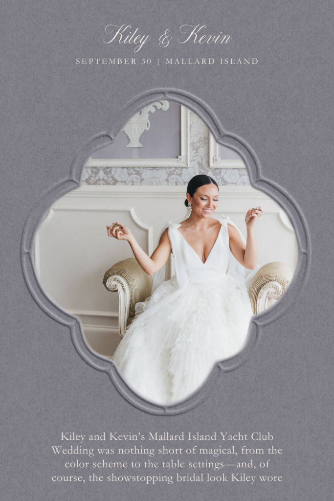 Ornately framed image of a bride sitting in front of an ornate carved lavender wall inside the bridal suite at the Mallard Island Yacht Club