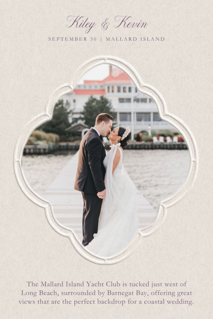 Ornately framed image of a couple kissing on a dock in front of the Mallard Island Yacht Club wedding venue