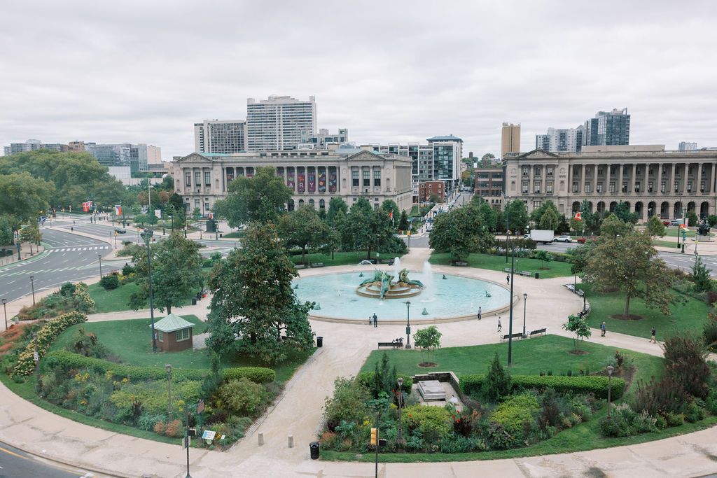 Cityscape of downtown Philadelphia featuring the fountain at Logan Square