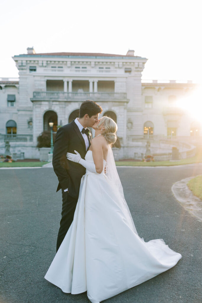 Bride and groom kiss at sunset | Lauren Bliss Photography at Elkins Estate in Philadelphia