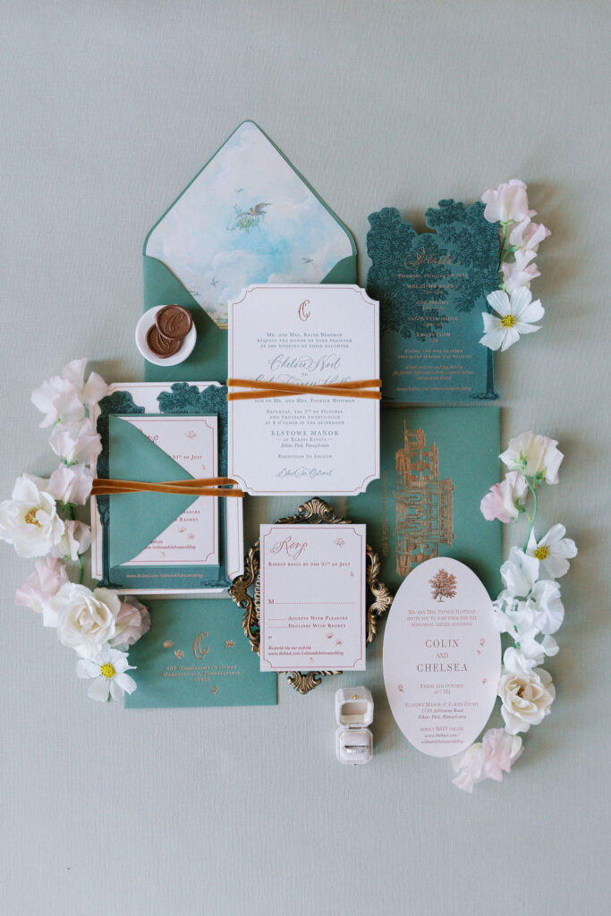 Emerald and Gold wedding color palette invitation suite designed by Every Little Something in Philadelphia PA | Lauren Bliss Photography