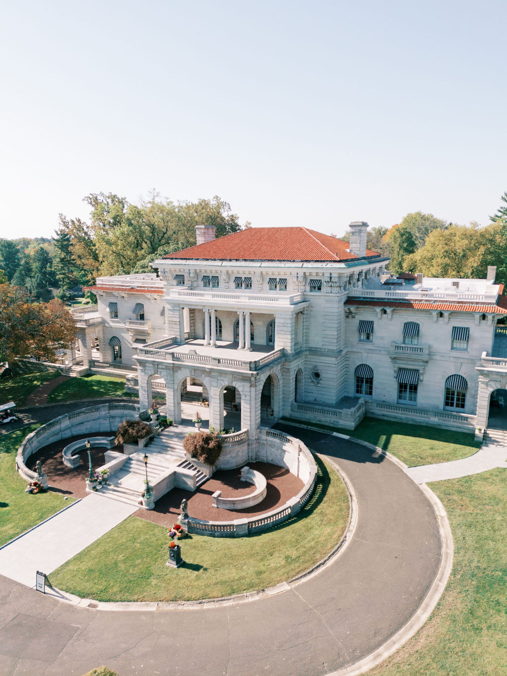 Exterior aerial image of the Elkins Estate wedding venue outside of Philadelphia PA captured by Lauren Bliss Photography for a Philadelphia Area Venue Guide