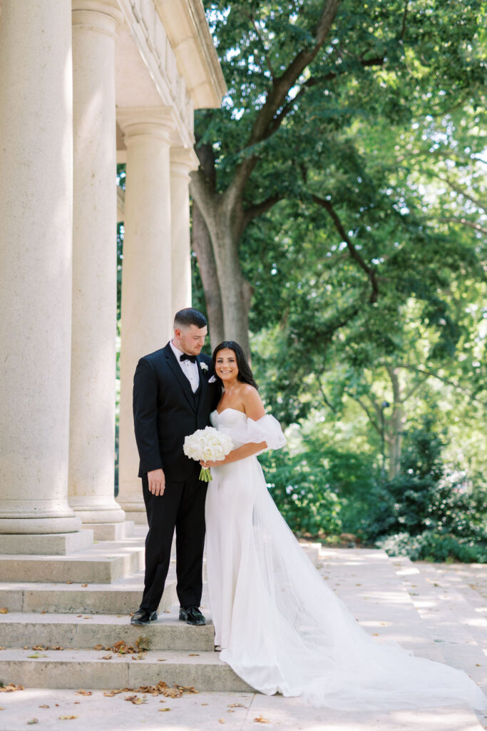 Bride and groom pose on monument steps in Philadelphia | Wedding Photography by Lauren Bliss at the Cescaphe Ballroom Philadelphia