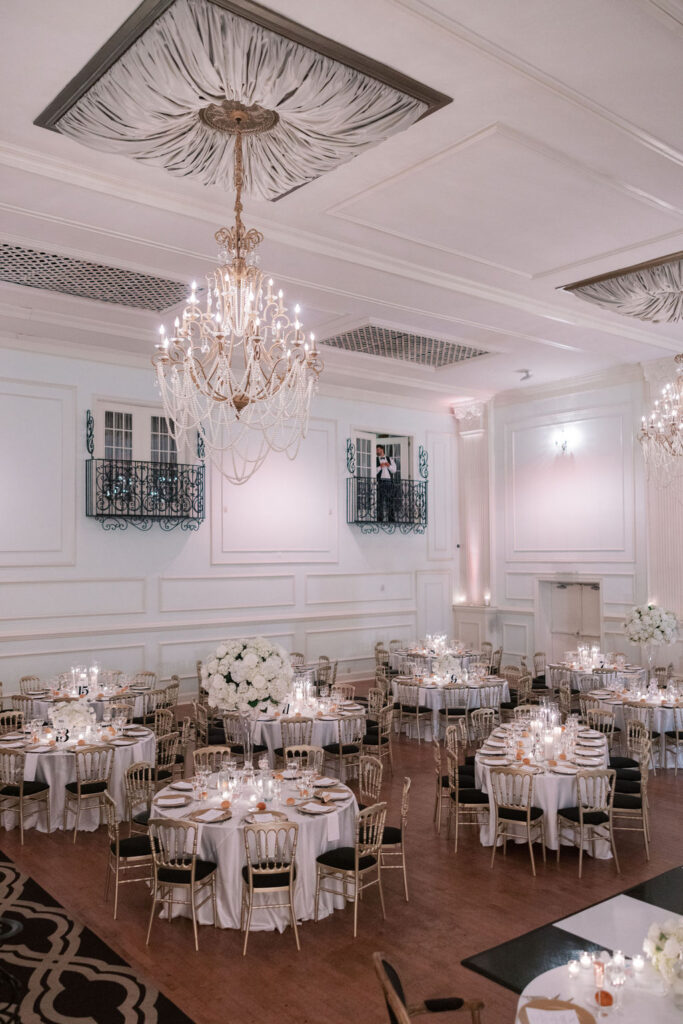 Cescaphe Ballroom decorated for black and white wedding reception | Wedding Photography by Lauren Bliss at the Cescaphe Ballroom Philadelphia