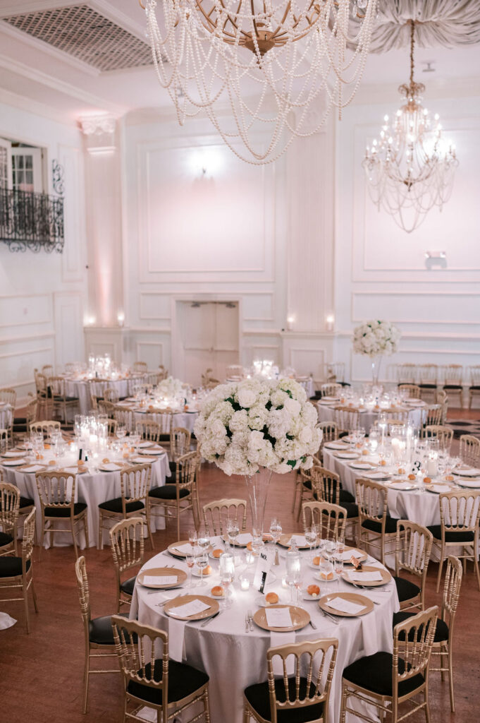 Wedding reception round dinner table setup inside the Cescaphe ballroom in Philadelphia