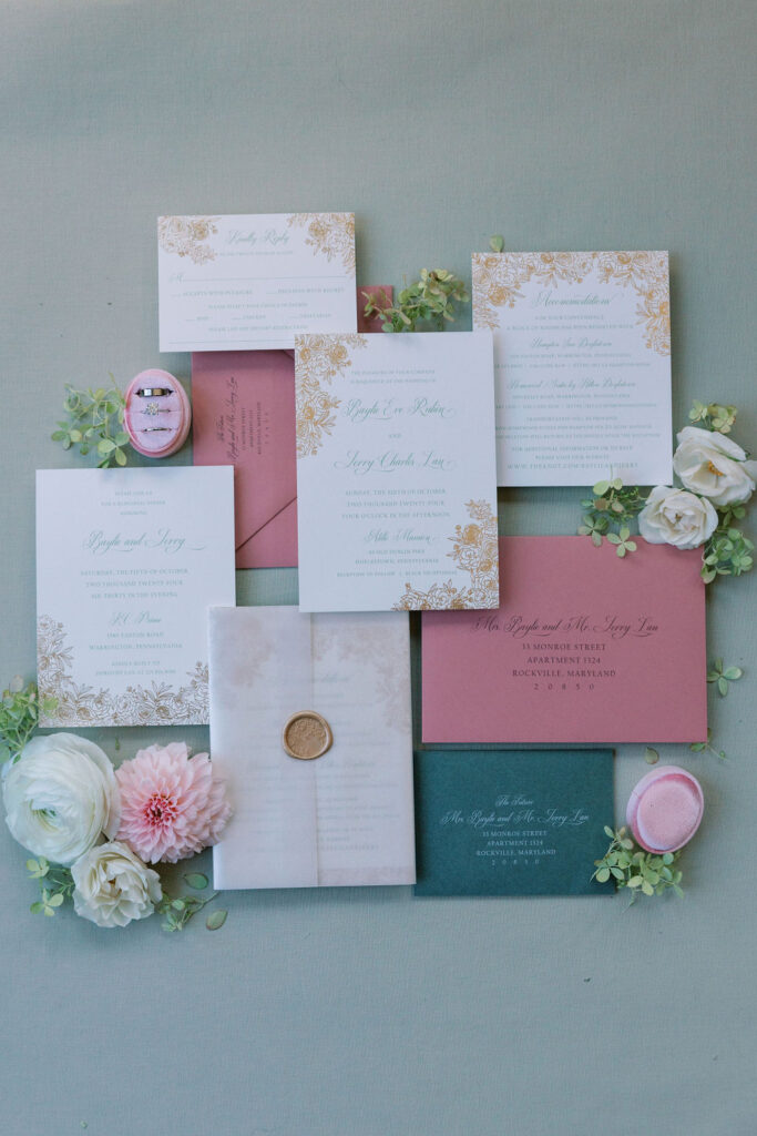 Pink and Green Themed wedding stationary suite | Lauren Bliss Photography