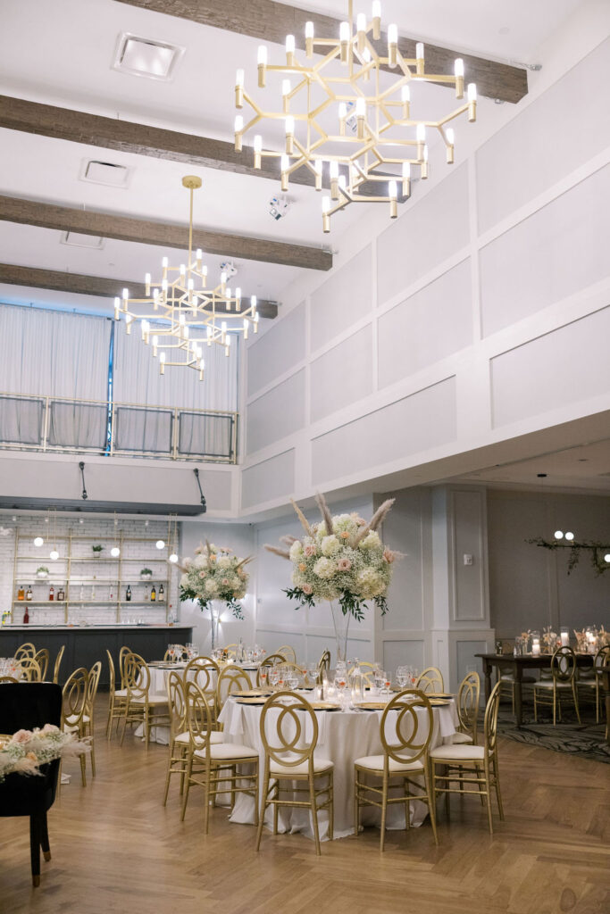 The Lucy Cescaphe venue set up for a wedding reception with sage green florals and details | Lauren Bliss Wedding Photography in Philadelphia