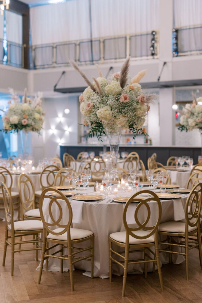 The Lucy Cescaphe venue set up for a wedding reception with sage green florals and details | Lauren Bliss Wedding Photography in Philadelphia