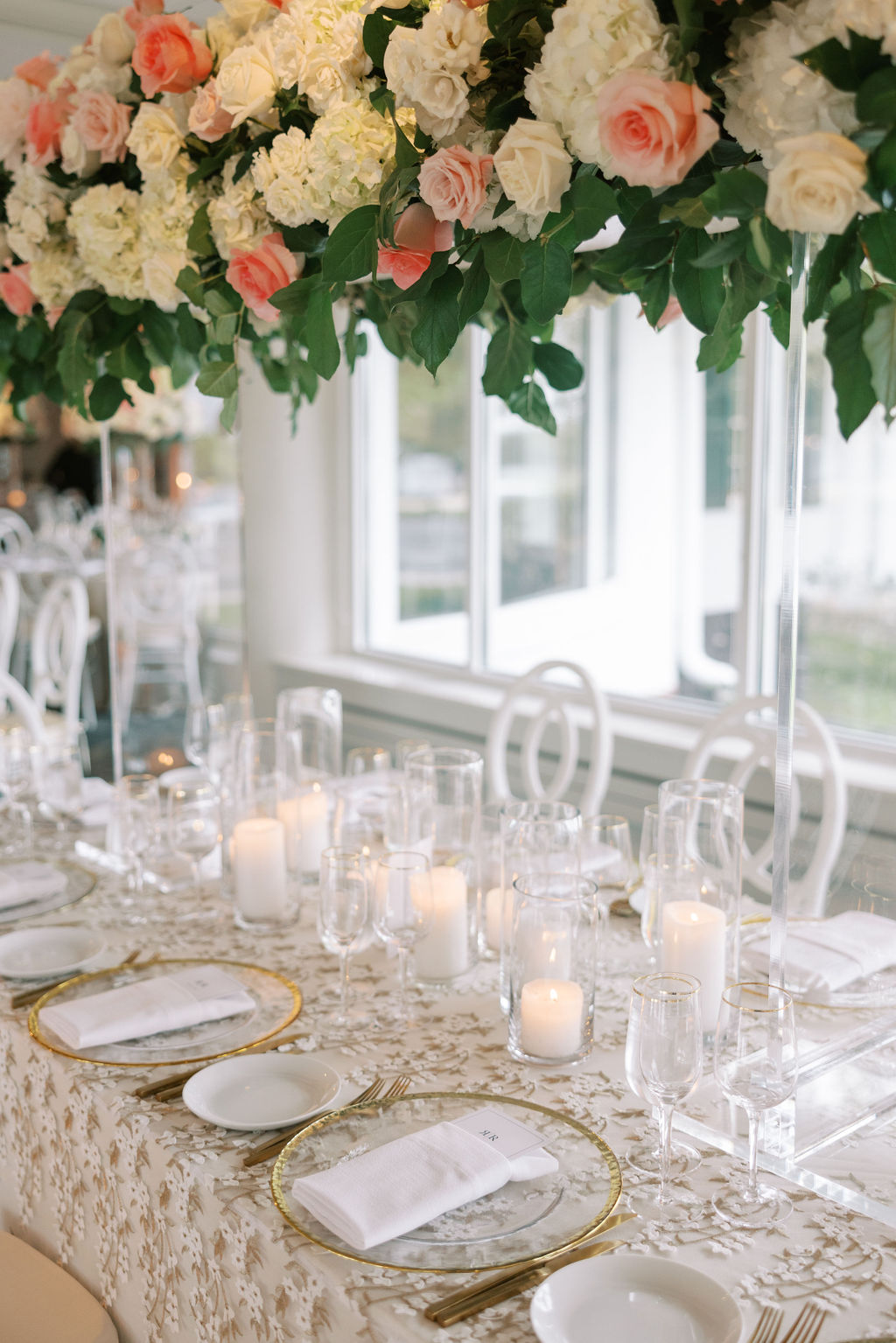 Table scape is laid with a lace tablecloth and elegant wedding reception décor at Lancaster Country Club wedding, photographed by Lauren Bliss Photography.