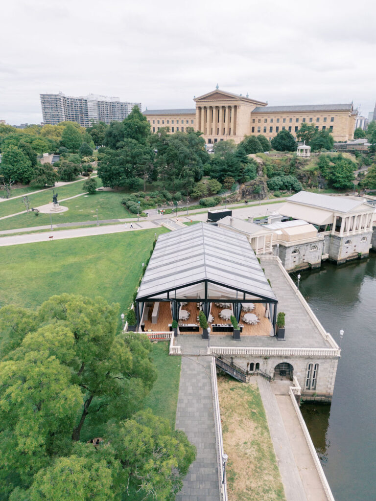 Overhead image of Waterworks Philly wedding venue | Philadelphia Wedding at Waterworks Cescaphe by Lauren Bliss Photography