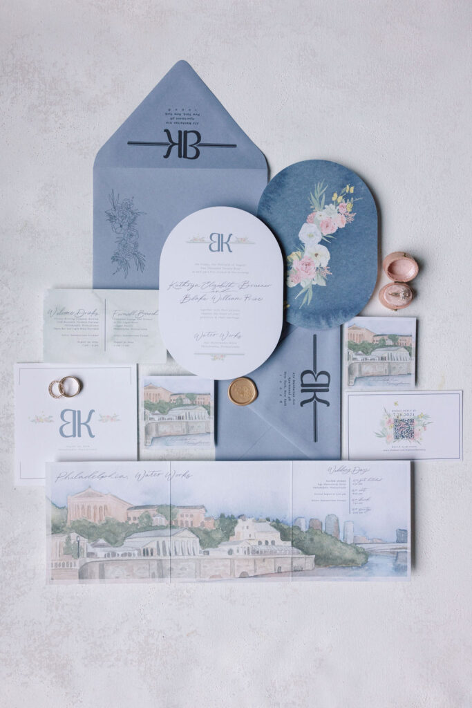 Periwinkle blue wedding invitation suite | Philadelphia Wedding at Waterworks Cescaphe by Lauren Bliss Photography