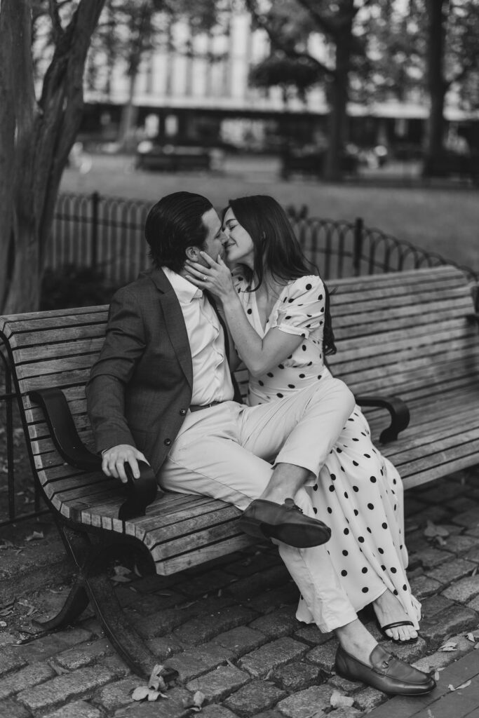 Haley and Griffin on park bench during fall engagement session Philadelphia