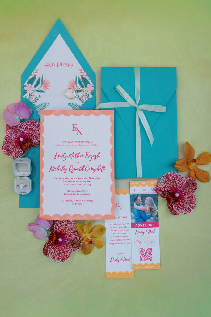 Citizen Bank Park wedding invitation suite with a baseball ticket wedding invitation and tropical orchids